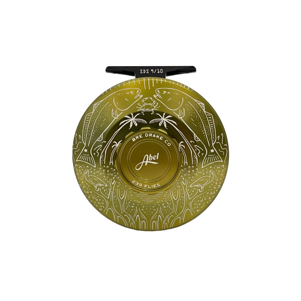 Abel Reels SDS 9/10 - Ported Olive w/ Olive Drag Knob and Rosewood Handle x Bre Drake Redfish Artwork (CUSTOM IN STOCK)